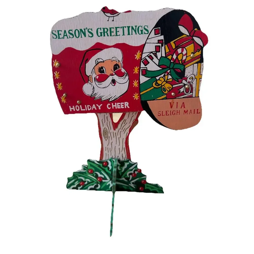 Vintage 50s Santa’s Mailbox card holder Christmas decor Folding Wood 1950s Japan